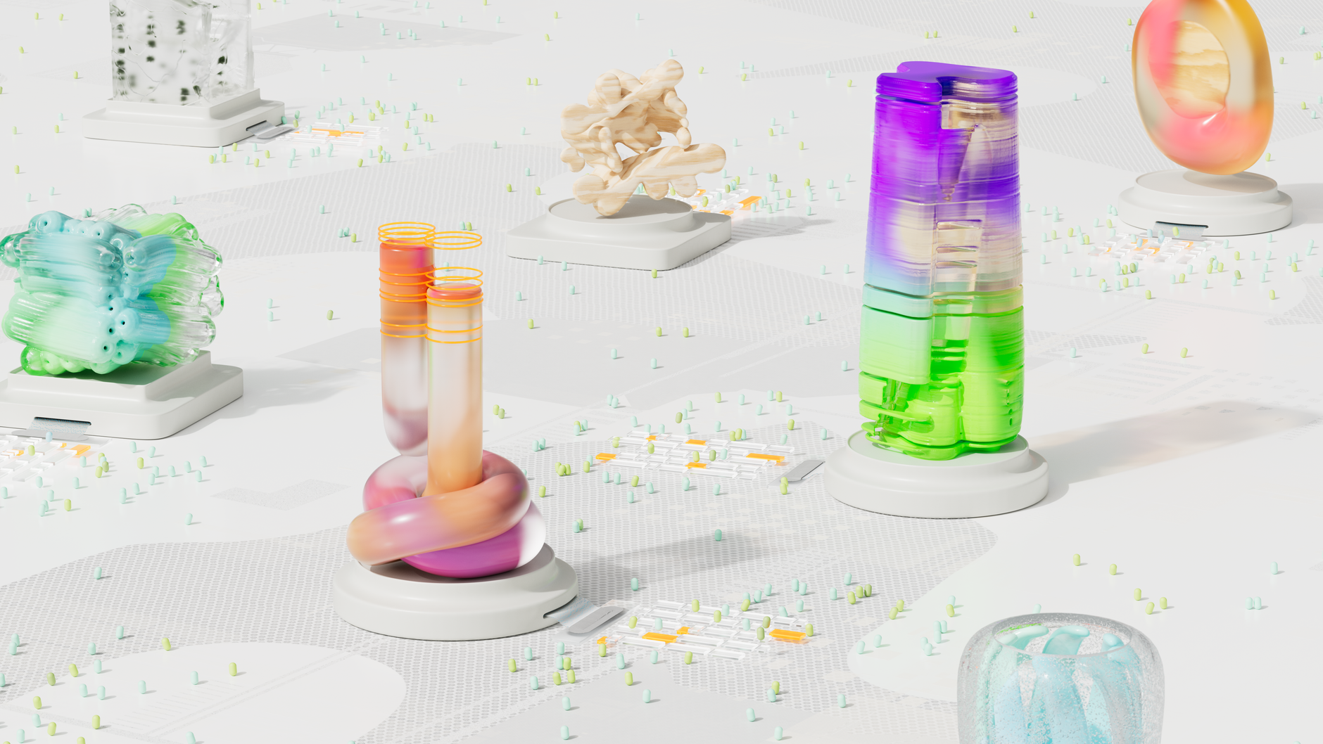 A colorful and vibrant abstract 3D render featuring intricate geometric shapes and structures.