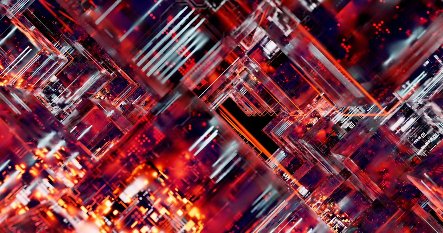 Futuristic abstract image of a digital circuit with glowing lights.