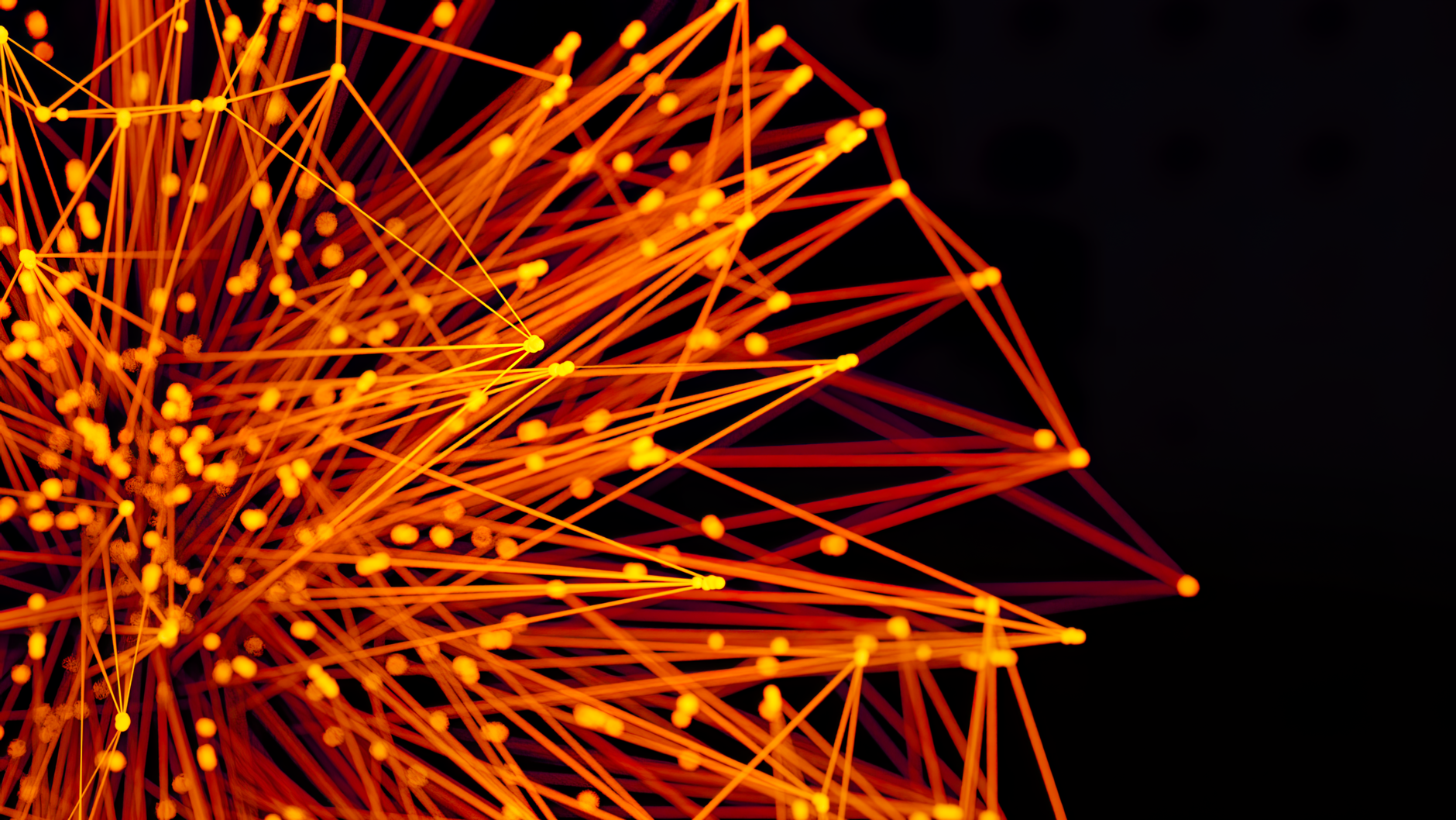 Vibrant orange lines and dots form an abstract network on a dark background, evoking technology and connectivity.